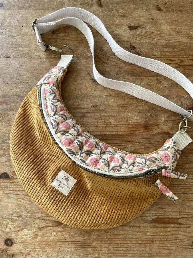 sac banane velours jaune et coton imprimé matelassé fleuri