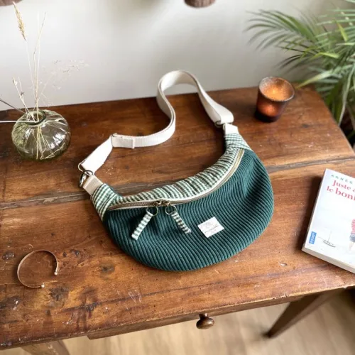 Sac banane velours vert sapin et vichy