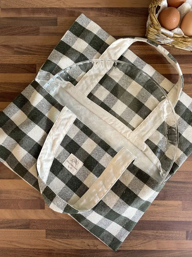 porte tarte tissu vichy, coton à carreaux kaki avec fils dorés et coton naturel