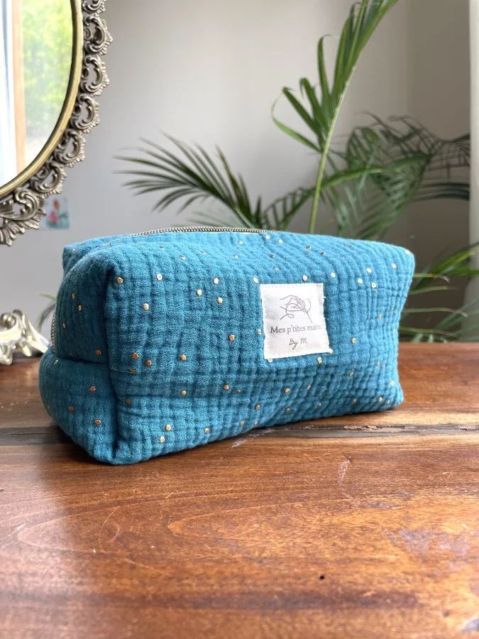 trousse beauté femme en double gaze à pois dorés verte bleue