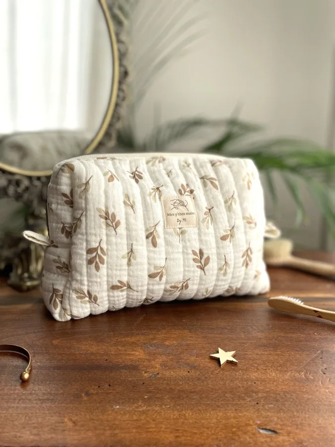 trousse de toilette blanche feuilles d'automne en double gaze