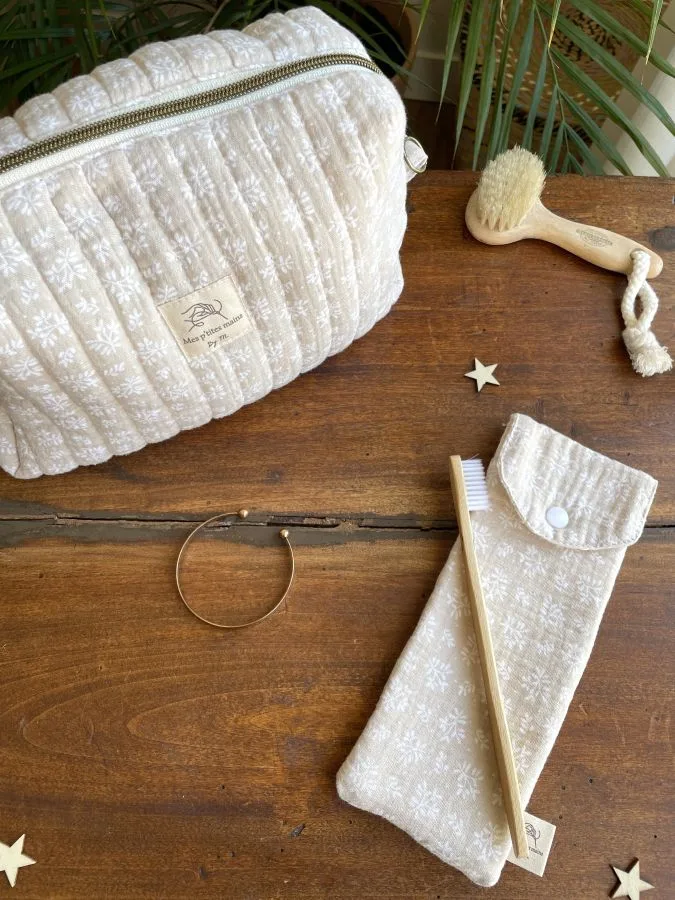 Pochette brosse à dents beige feuilles blanches – Image 5