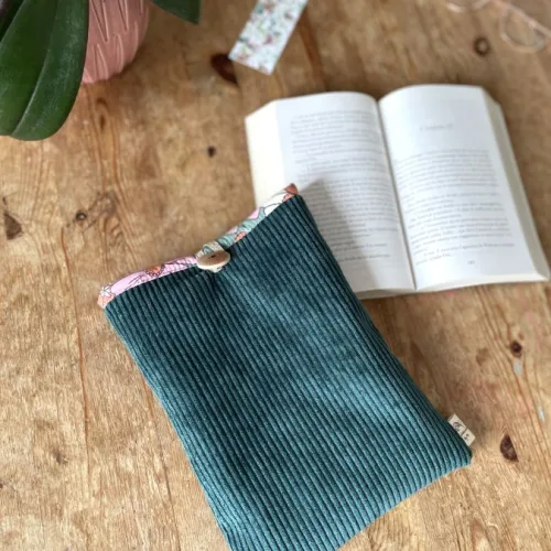 Pochette à livre Velours vert et grandes fleurs